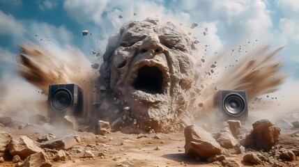 Rock music concept. Boulder crumbles into dust between stereo speakers