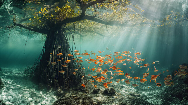 Tree underwater and swimming fish