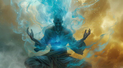 Genie, Aladdin and the lamp from a fairy tale