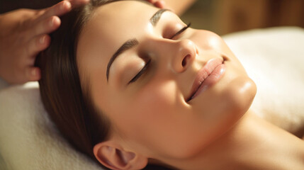 Close-up of the face of a relaxed young woman with closed eyes receiving a professional massage in a spa. A beautiful client with perfect skin is doing a massage. Healthy lifestyle concept