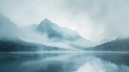 Unusual nature landscape in the fog, mountain, lake