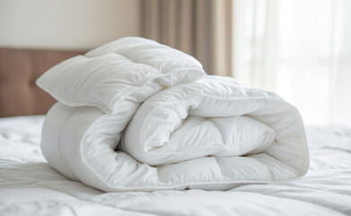 Fototapeta na wymiar White Folded Duvet Adorning a Cozy Bed Background