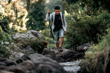 Hikers walk on rocks in the stream flowing from the waterfall in the forest.