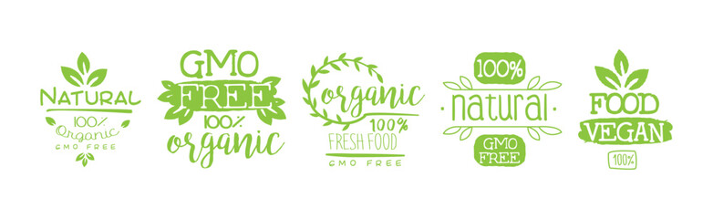 Green Food Label and Natural Organic Product Badge Vector Set