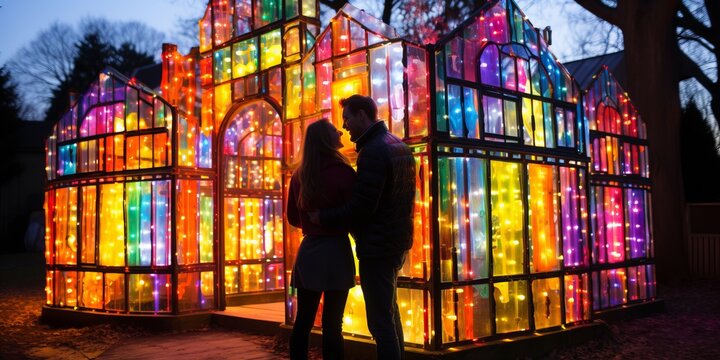 Couple in love embracing in front of a rainbow lighted gazebo