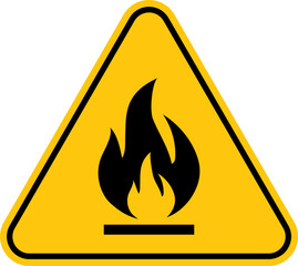 Fire warning sign in yellow triangle, isolated. Flammable, inflammable substances icon. Hazard icon. Vector