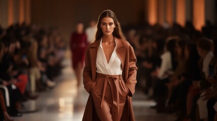 Fototapeta premium Fashion show. A beautiful attractive woman in a brown coat confidently walks down the catwalk, showing off the designer's new clothing collection for Fashion Week.