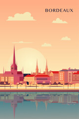 Bordeaux retro city poster with abstract shapes of skyline, buildings at sunset, sunrise. Vintage France, Gironde town travel vector illustration 