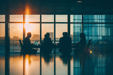 group of people silhouettes in conference room at meeting discussing business