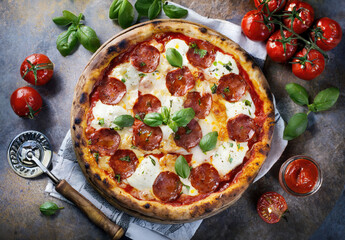 Traditional delicious pepperoni pizza with basil and tomatoes. Top view.