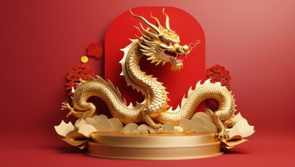 3D Chinese dragon podium for Lunar New Year 2024 celebrations.