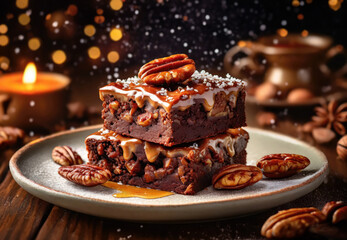 Traditional homemade pecan pie brownie with walnuts on a plate.