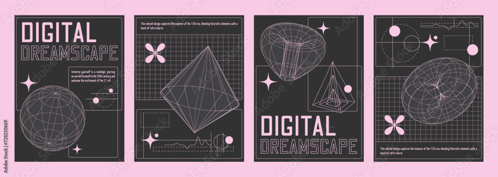 Poster modern y2k design style poster with pink grid abstract geometric elements and typography on dark gre