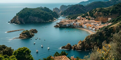 Obraz premium Scenic coastal village nestled amidst green hills and blue waters. tranquil, picturesque landscape captured in daylight. perfect for travel and nature themes. AI