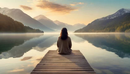 Photo sur Plexiglas Beige Facing back young woman practicing meditation or yoga, sitting on a wooden pier on the shore of a beautiful mountain lake at sunrise or sunset.