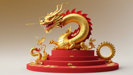 Obraz premium 3D Chinese dragon podium for Lunar New Year 2024 celebrations.