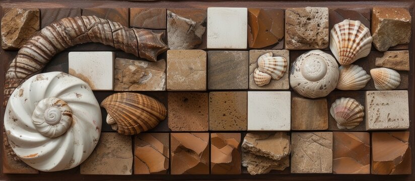 Composition of Blocks: Brown, White, and Fossil Shells in Harmonious Arrangement