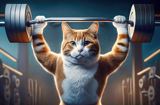 Muscular cat lifting weights at the gym.