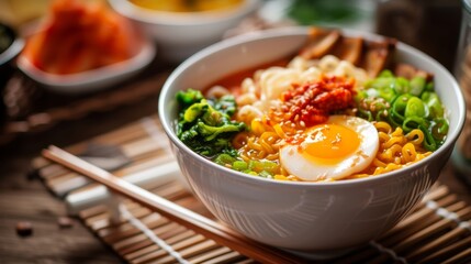 Top view ramen. Traditional Korean ramen soup with egg yolk, chilli, and kimchi. Korean cuisine. Asian food. Traditional Korean cuisine set Copy space for text logo or brand