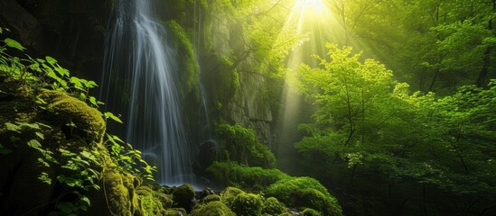 Stunning Green Forest with a Nice Waterfall Cascading through the Lush Greenery