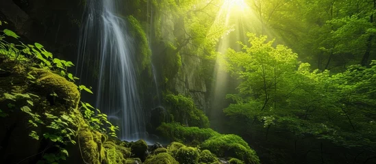 Photo sur Plexiglas Destinations Stunning Green Forest with a Nice Waterfall Cascading through the Lush Greenery