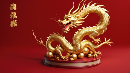 Obraz premium 3D Chinese dragon podium for Lunar New Year 2024 celebrations.