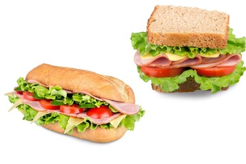 Two Sandwich with ham, cheese, lettuce, toasted bread on white background