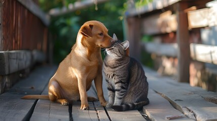 Affectionate dog gently snuggles with a serene cat outdoors. warm friendship between different species. charming and serene moment captured. ideal for greeting cards. AI