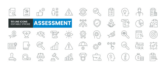 Set of 50 Assessment line icons set. Assessment outline icons with editable stroke collection. Includes Financial Risk, Audit, Inspection, Growth, Success, and More.