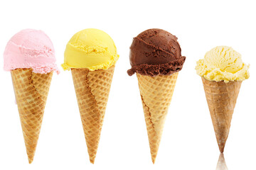 Three colorful ice cream cones diagonal isolated on white background