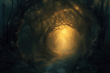 Fototapeta na wymiar The light in the dark forest