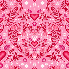 red love seamless pattern. red heart background, floral print, pink love botanical flowers garden. good for wallpaper, fabric, fashion design, bedding, pajama, dress, valentine, backdrop.