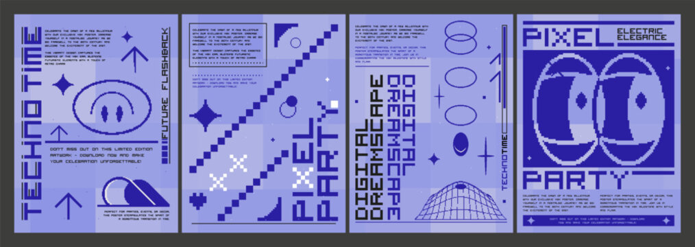 Naklejki Retrowave aesthetic posters set. Vector illustration of retro futuristic style banners with pixel smiley emoji, wireframe design elements and text on blue background, y2k vibe flyers collection