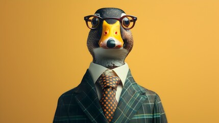 Duck Wearing a Suit on an Yellow Background in Front view
