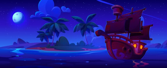 Old sailboat floating on sea or ocean water near tropical island with palm trees at night under full moon light. Cartoon dusk marine landscape with vessel or ship with wooden deck and sails in harbor.