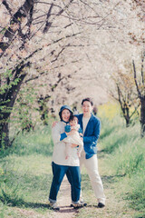 桜並木と若い家族