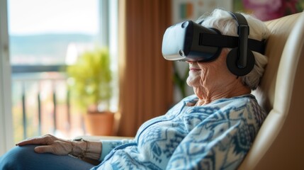 Senior Woman Enjoys VR in Sunny Room