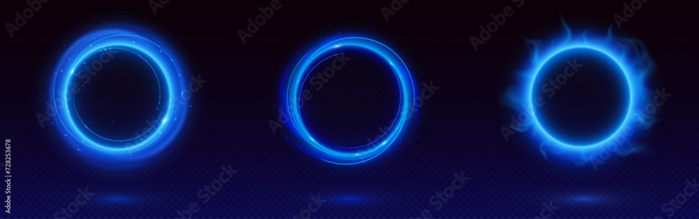 Poster blue circle frames set isolated on transparent background. vector realistic illustration of round ne