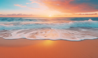 Sunset on tropical summer beach with soft sand and crystal clear ocean waves