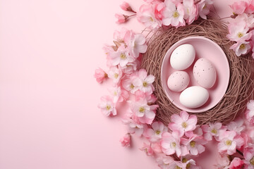 Obraz na płótnie Canvas Pink and white Easter eggs in nest with flowers