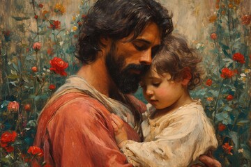 Fatherly Love A Painting of a Man Holding a Baby Generative AI