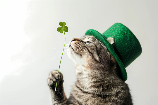 cute cat wearing green hat for celebrating St Patrick's Day. It is for holiday or event promotion or sale