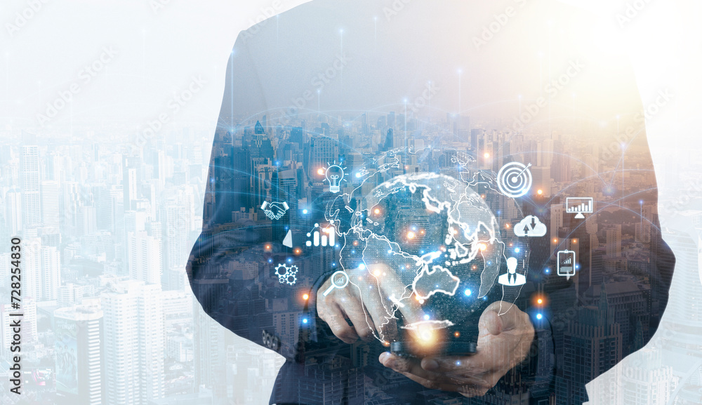Poster double exposure. businessman using a phone global internet connection. concept of big data digital l