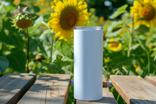 Mock up of a white color 20oz Straight Skinny Tumbler includes a lid on wooden table in Sunflower Garden background, product mockup
