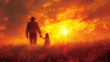 Sunset Stroll A Father-Daughter Moment in the Fiery Glow of the Setting Sun Generative AI