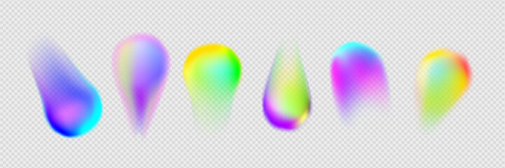 Abstract color gradient spots set isolated on transparent background. Vector realistic illustration of rainbow dots, light refraction effect, holographic blurred circles, vibrant design elements