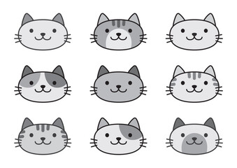 Illustration set of various cute cat faces (black and white)_色々なかわいい猫の顔のイラストセット（白黒）