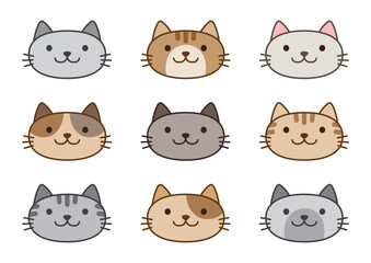 Illustration set of various cute cat faces 色々なかわいい猫の顔のイラストセット