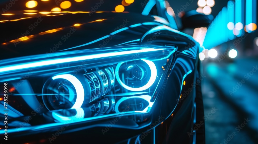 Poster a closeup shot of a cars headlights with an intricate laser pattern creating a mesmerizing light dis