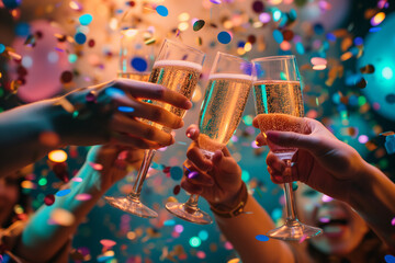 3 People clinking glasses with champagne surrounded by confetti, Friends toasting wine glasses and cheering together, Close-up view of glasses clinking Champagne, People holding wine glasses in hand